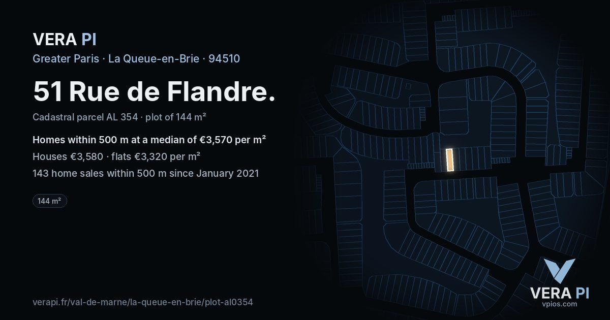 51 Rue de Flandre, La Queue-en-Brie at night – the plot lit, the parcels around coloured by the prices near them
