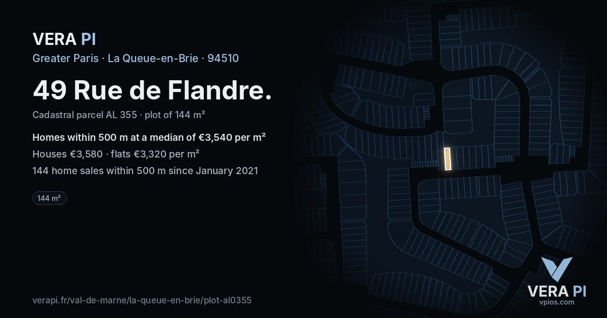 49 Rue de Flandre, La Queue-en-Brie at night – the plot lit, the parcels around coloured by the prices near them