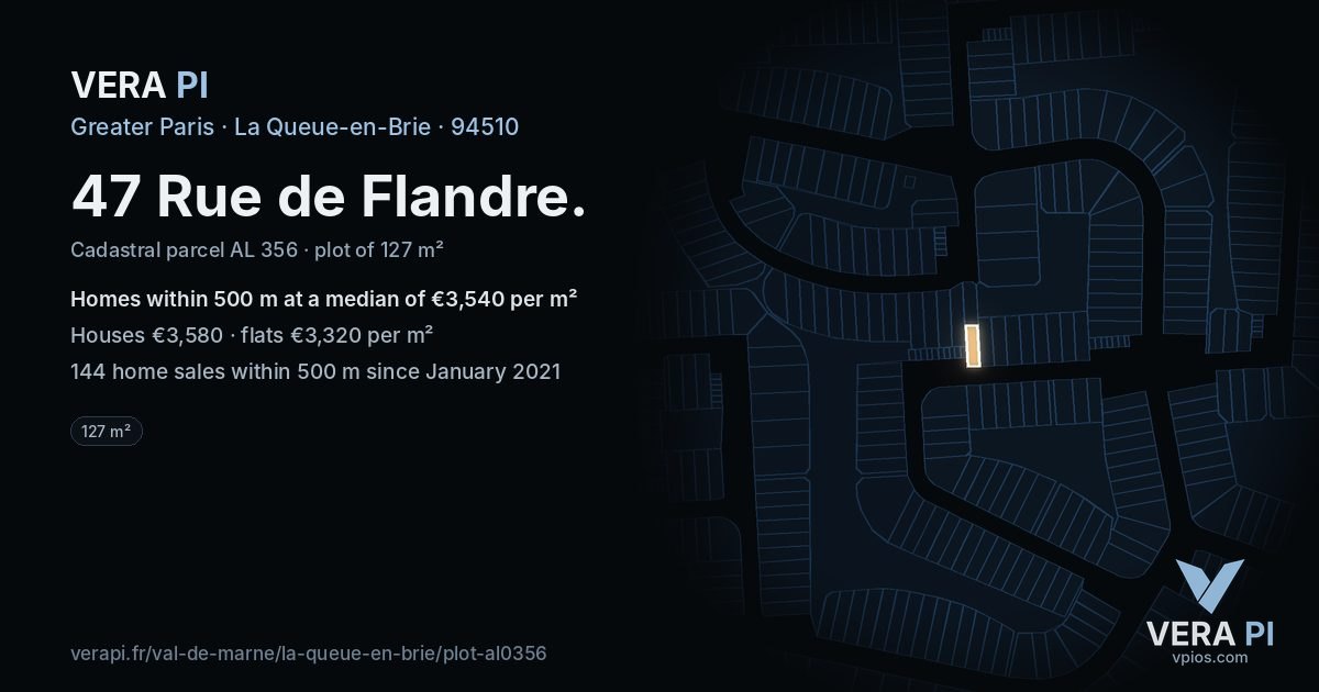 47 Rue de Flandre, La Queue-en-Brie at night – the plot lit, the parcels around coloured by the prices near them