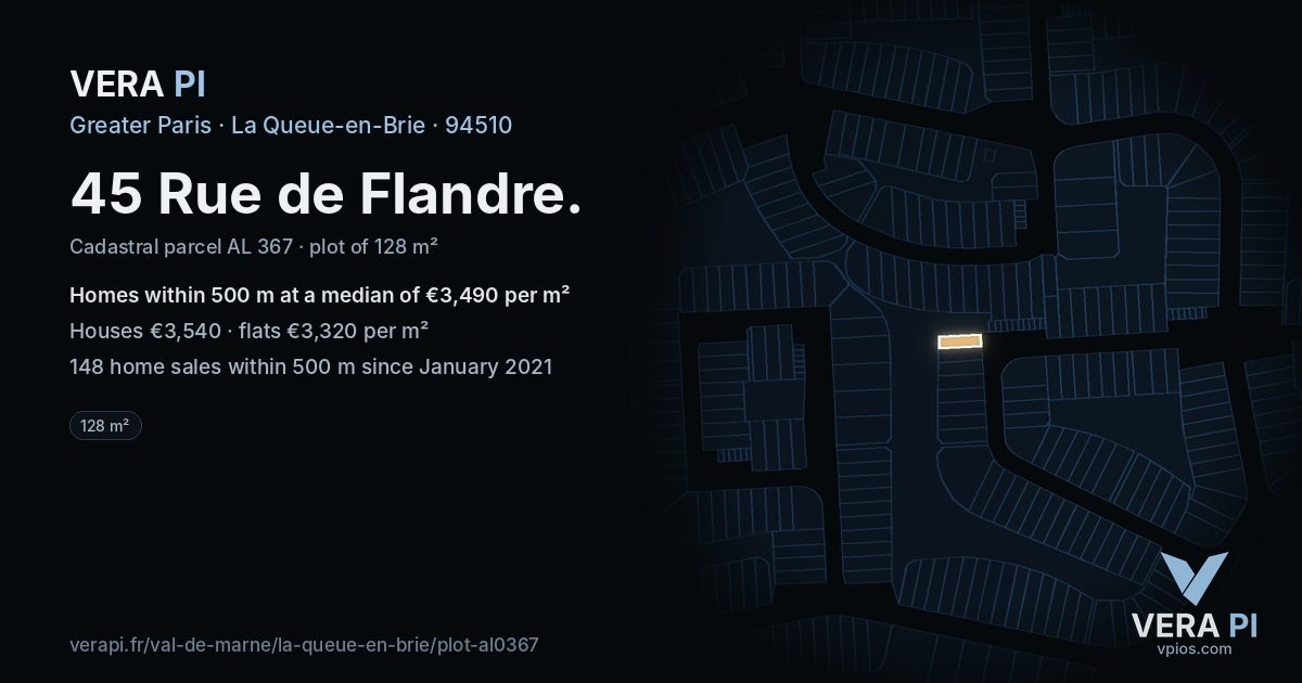 45 Rue de Flandre, La Queue-en-Brie at night – the plot lit, the parcels around coloured by the prices near them