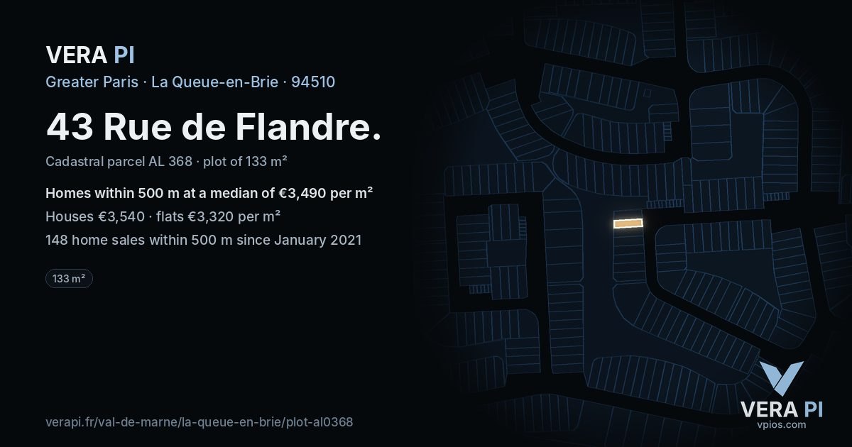 43 Rue de Flandre, La Queue-en-Brie at night – the plot lit, the parcels around coloured by the prices near them