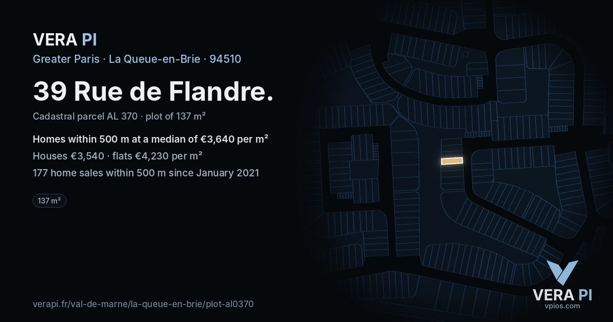 39 Rue de Flandre, La Queue-en-Brie at night – the plot lit, the parcels around coloured by the prices near them