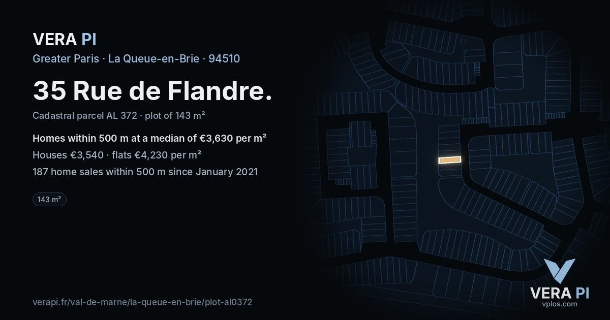 35 Rue de Flandre, La Queue-en-Brie at night – the plot lit, the parcels around coloured by the prices near them