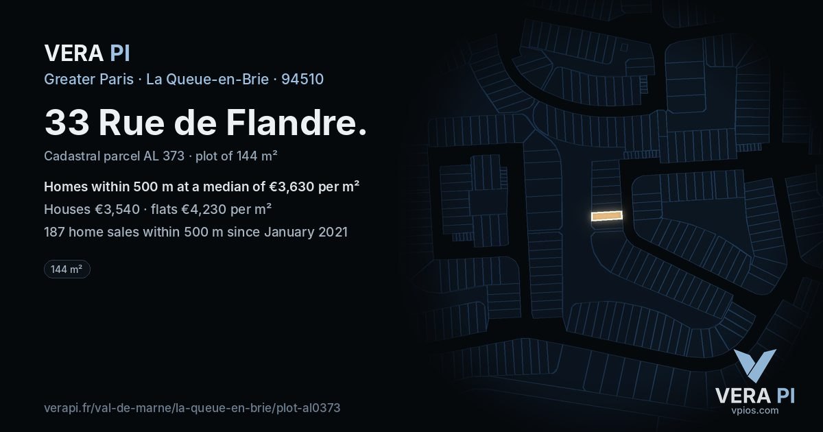 33 Rue de Flandre, La Queue-en-Brie at night – the plot lit, the parcels around coloured by the prices near them