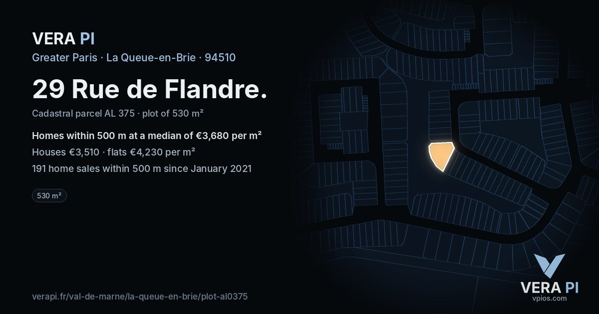 29 Rue de Flandre, La Queue-en-Brie at night – the plot lit, the parcels around coloured by the prices near them