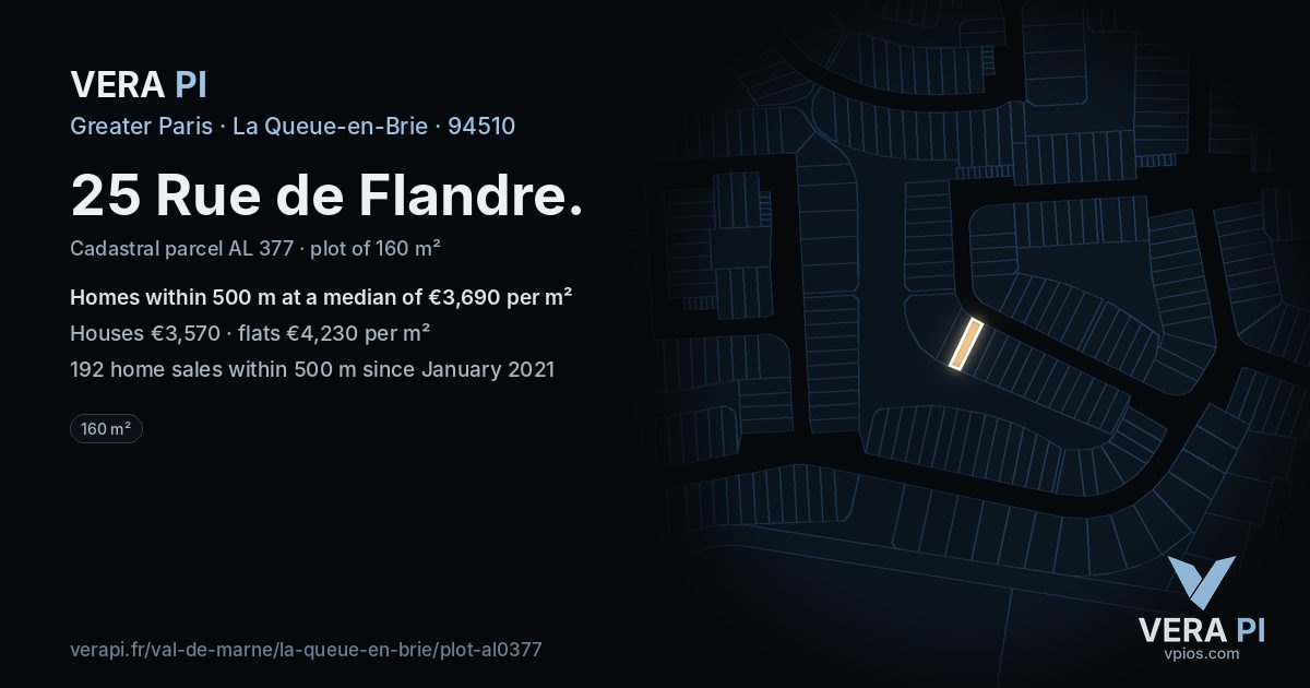25 Rue de Flandre, La Queue-en-Brie at night – the plot lit, the parcels around coloured by the prices near them