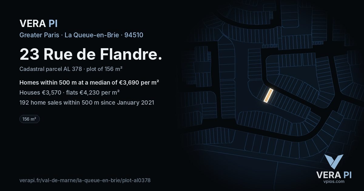 23 Rue de Flandre, La Queue-en-Brie at night – the plot lit, the parcels around coloured by the prices near them