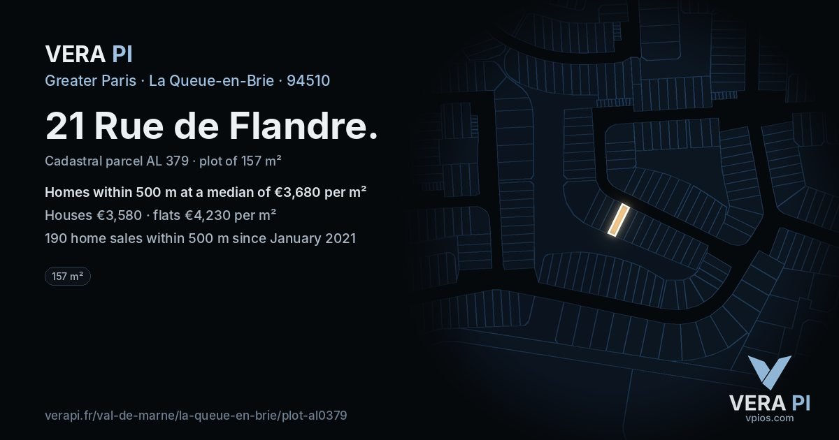 21 Rue de Flandre, La Queue-en-Brie at night – the plot lit, the parcels around coloured by the prices near them
