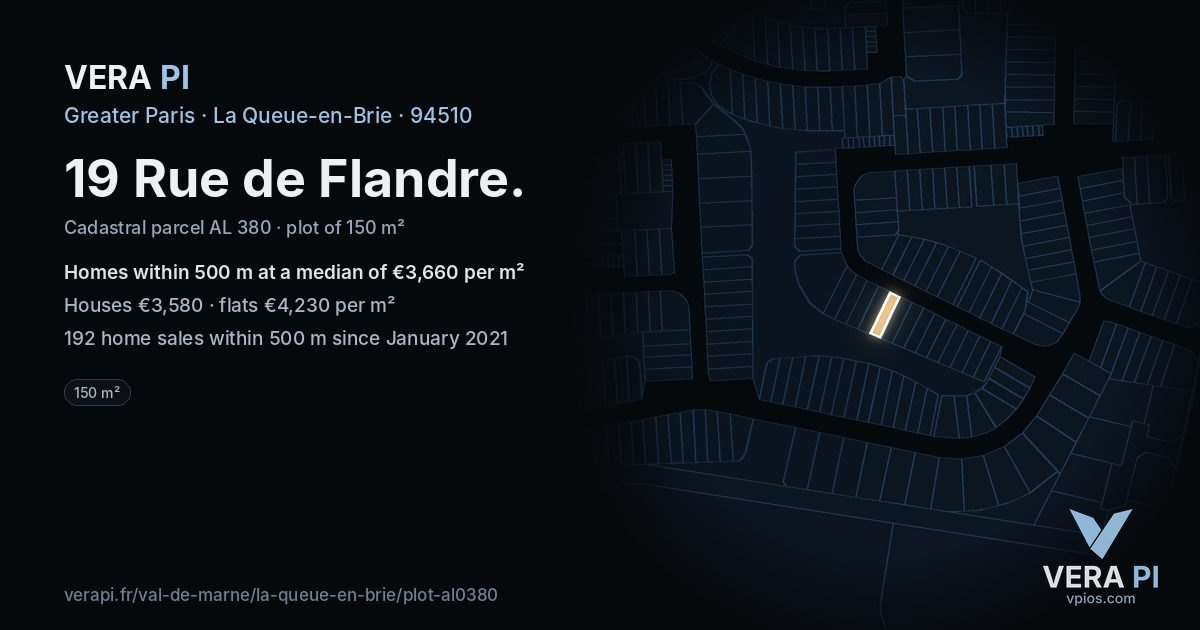 19 Rue de Flandre, La Queue-en-Brie at night – the plot lit, the parcels around coloured by the prices near them