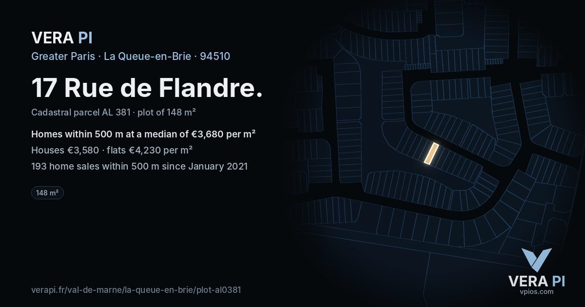 17 Rue de Flandre, La Queue-en-Brie at night – the plot lit, the parcels around coloured by the prices near them
