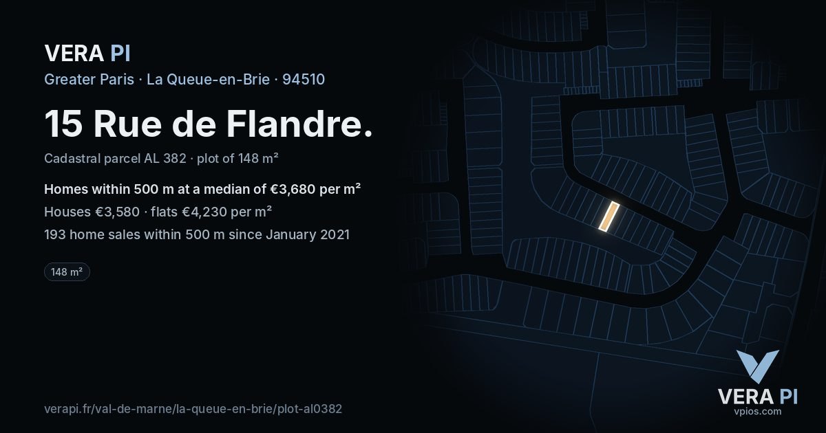 15 Rue de Flandre, La Queue-en-Brie at night – the plot lit, the parcels around coloured by the prices near them