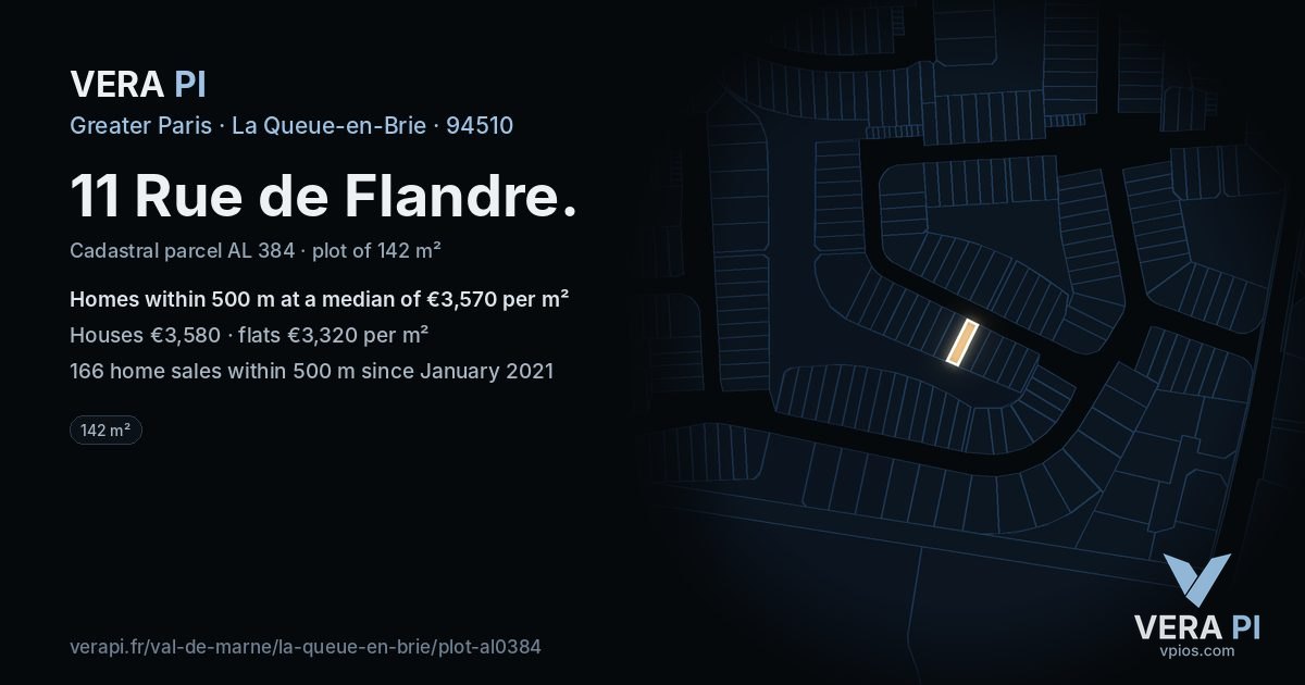 11 Rue de Flandre, La Queue-en-Brie at night – the plot lit, the parcels around coloured by the prices near them