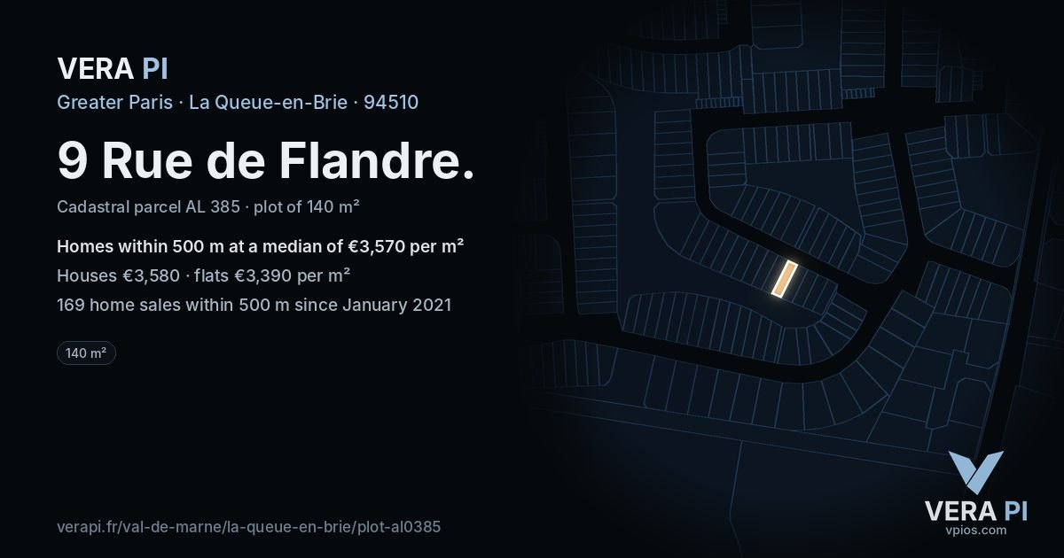 9 Rue de Flandre, La Queue-en-Brie at night – the plot lit, the parcels around coloured by the prices near them