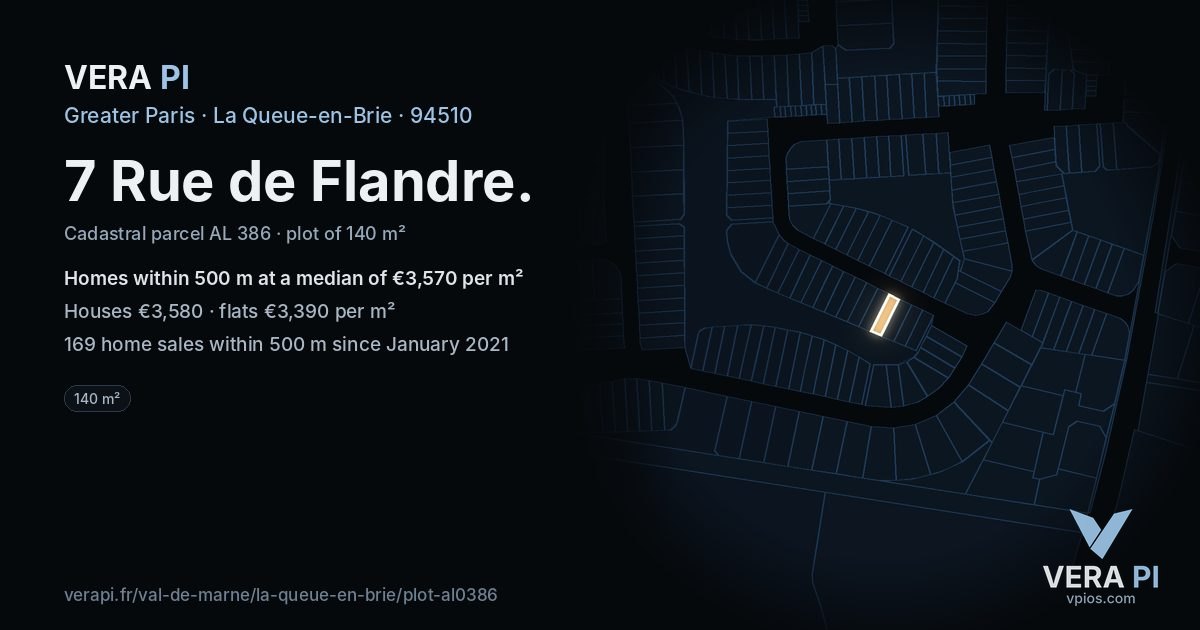 7 Rue de Flandre, La Queue-en-Brie at night – the plot lit, the parcels around coloured by the prices near them