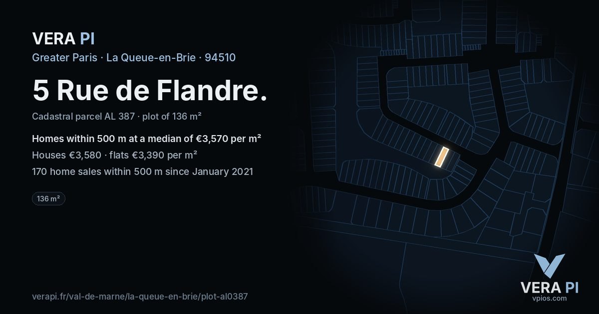 5 Rue de Flandre, La Queue-en-Brie at night – the plot lit, the parcels around coloured by the prices near them