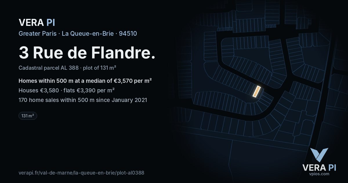 3 Rue de Flandre, La Queue-en-Brie at night – the plot lit, the parcels around coloured by the prices near them