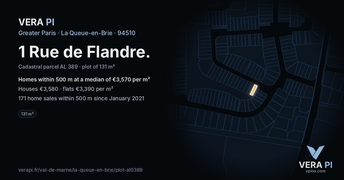 1 Rue de Flandre, La Queue-en-Brie at night – the plot lit, the parcels around coloured by the prices near them