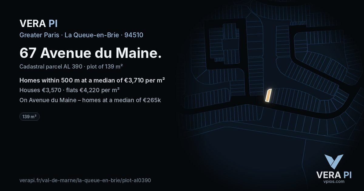 67 Avenue du Maine, La Queue-en-Brie at night – the plot lit, the parcels around coloured by the prices near them