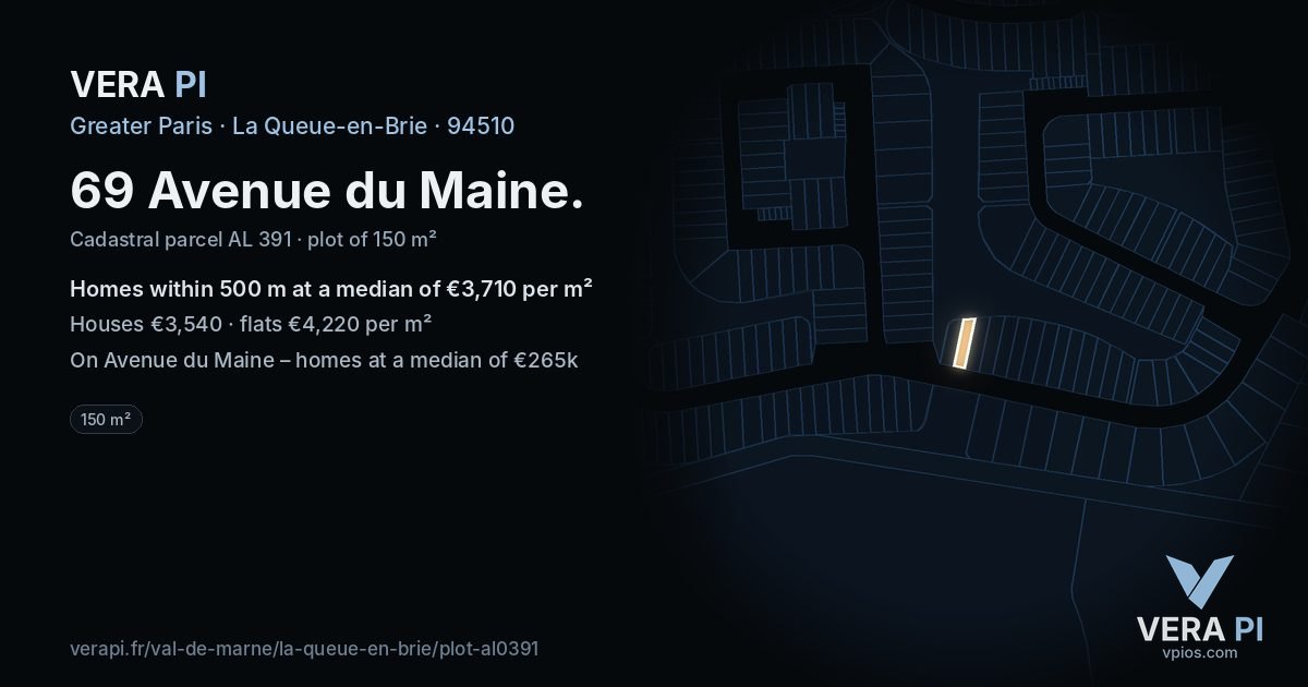 69 Avenue du Maine, La Queue-en-Brie at night – the plot lit, the parcels around coloured by the prices near them