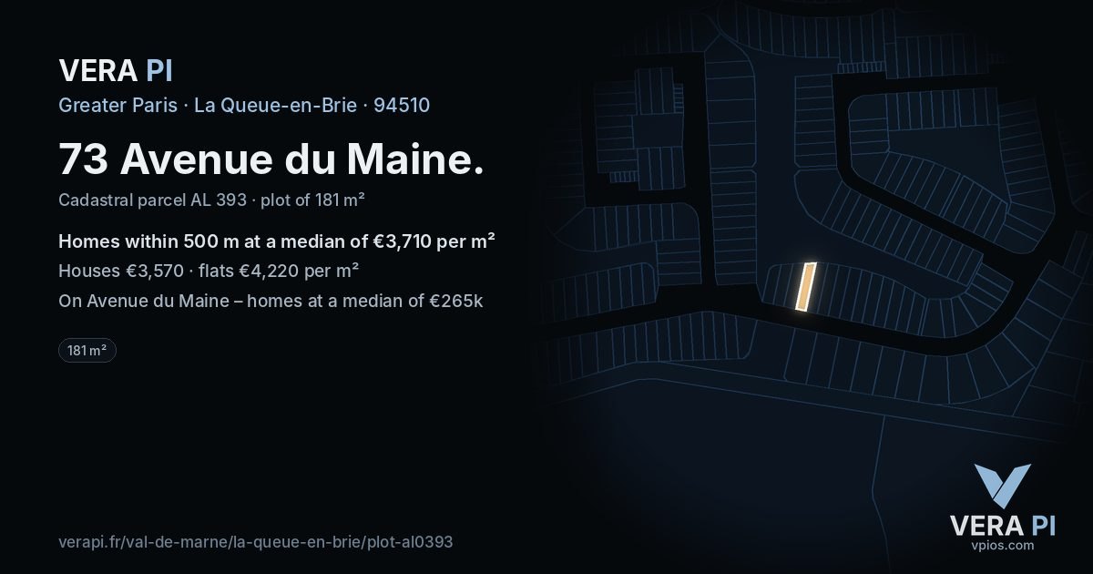 73 Avenue du Maine, La Queue-en-Brie at night – the plot lit, the parcels around coloured by the prices near them