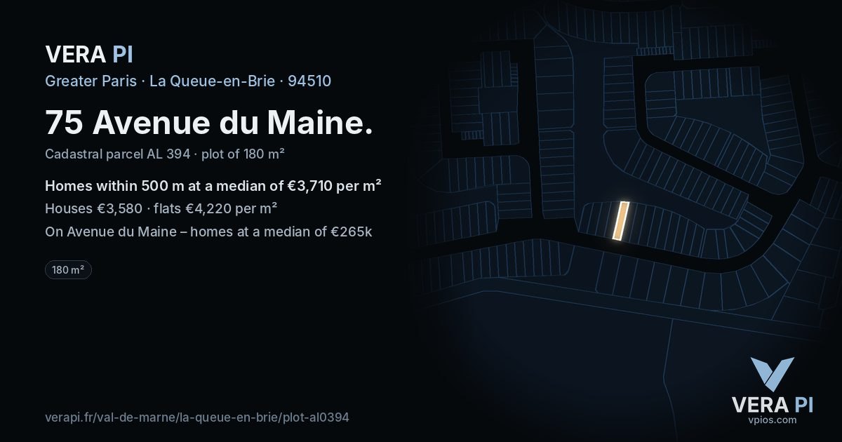 75 Avenue du Maine, La Queue-en-Brie at night – the plot lit, the parcels around coloured by the prices near them