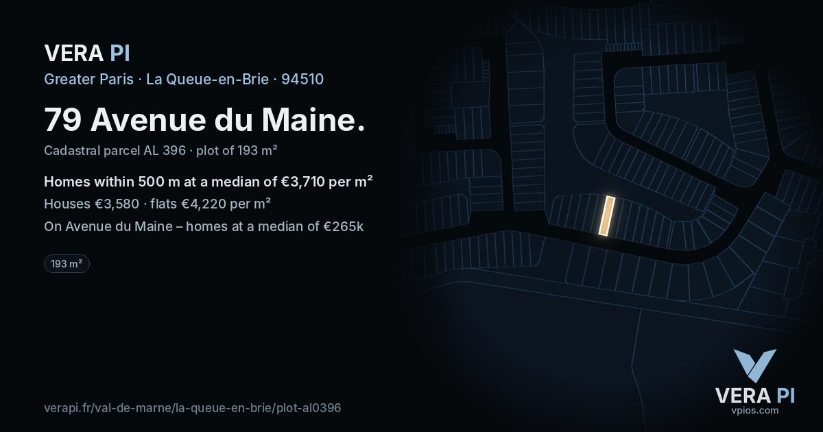 79 Avenue du Maine, La Queue-en-Brie at night – the plot lit, the parcels around coloured by the prices near them