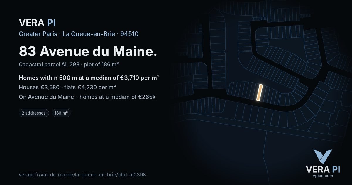 83 Avenue du Maine, La Queue-en-Brie at night – the plot lit, the parcels around coloured by the prices near them