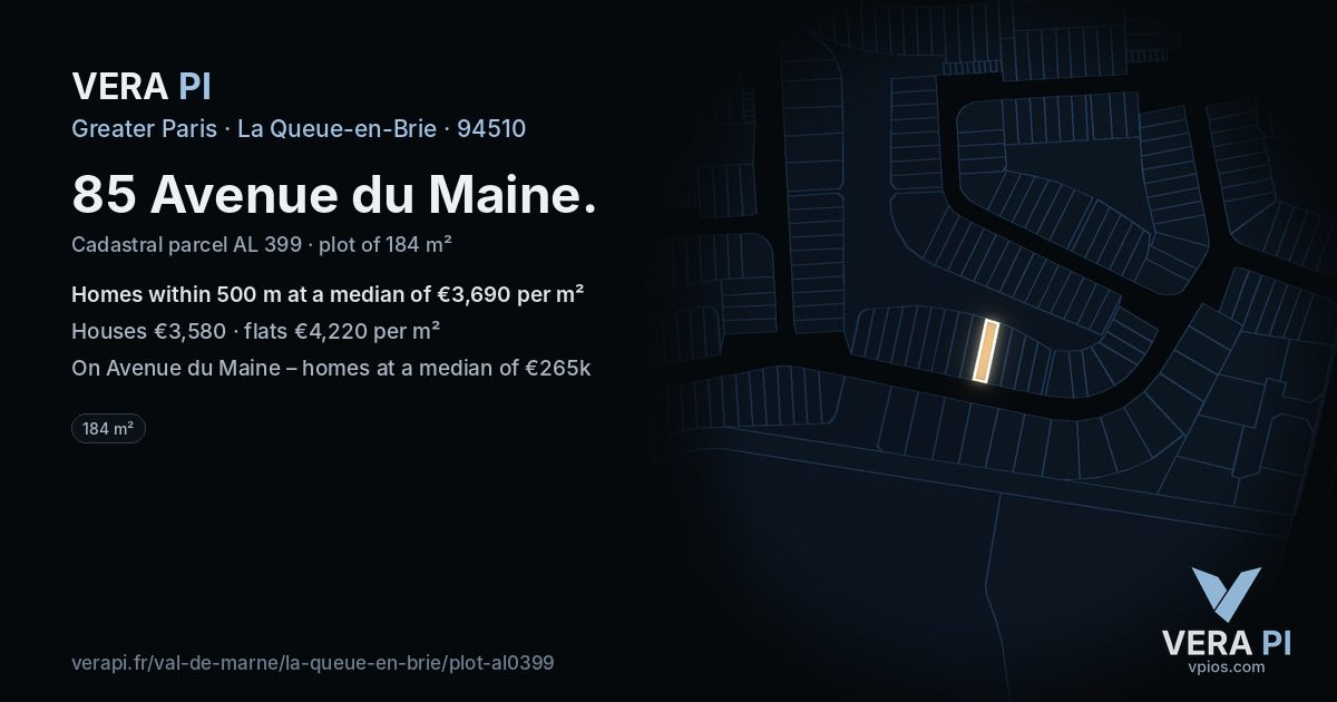 85 Avenue du Maine, La Queue-en-Brie at night – the plot lit, the parcels around coloured by the prices near them