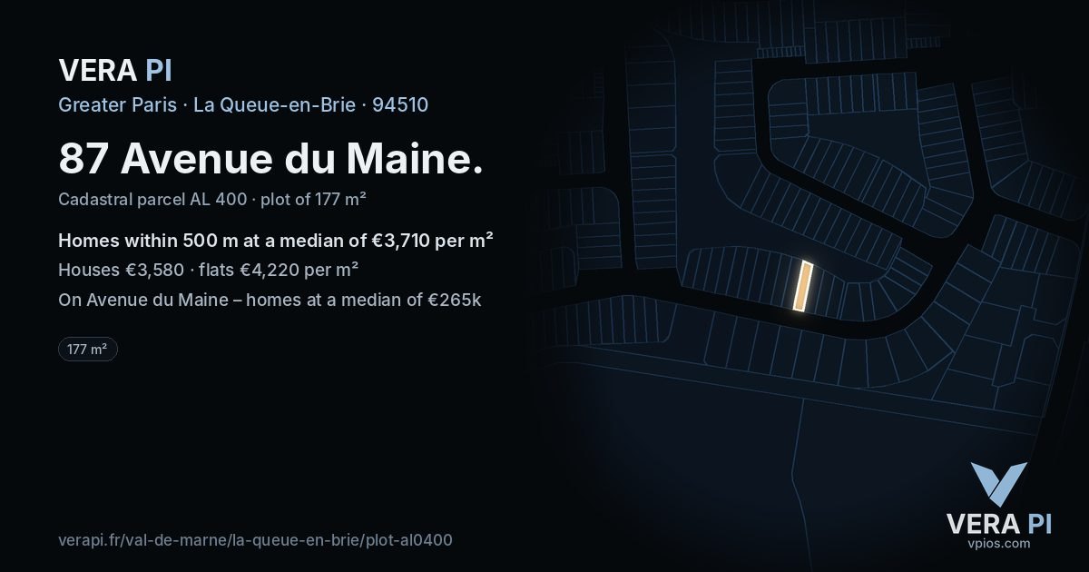 87 Avenue du Maine, La Queue-en-Brie at night – the plot lit, the parcels around coloured by the prices near them