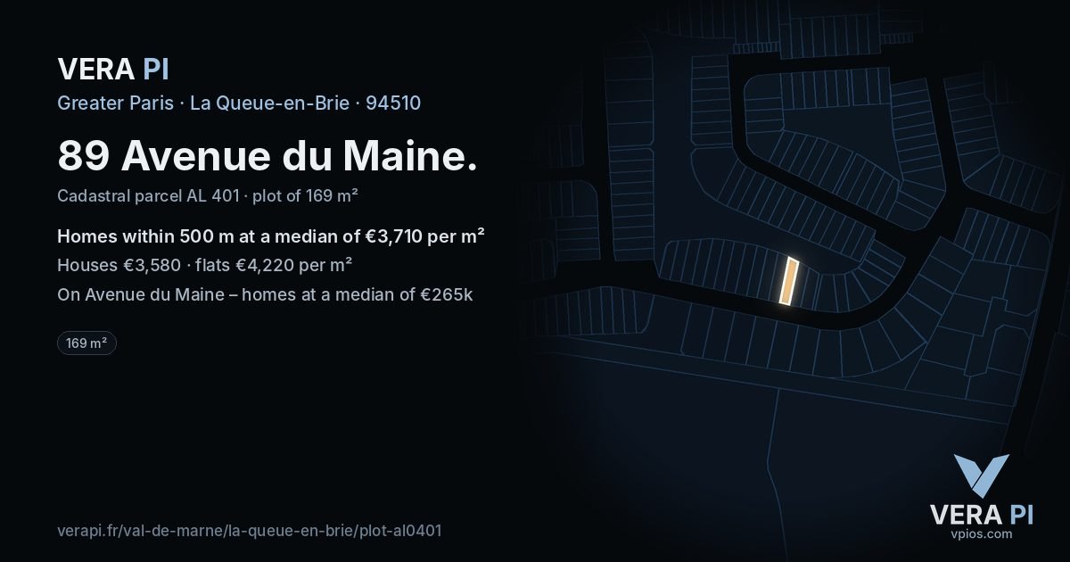 89 Avenue du Maine, La Queue-en-Brie at night – the plot lit, the parcels around coloured by the prices near them