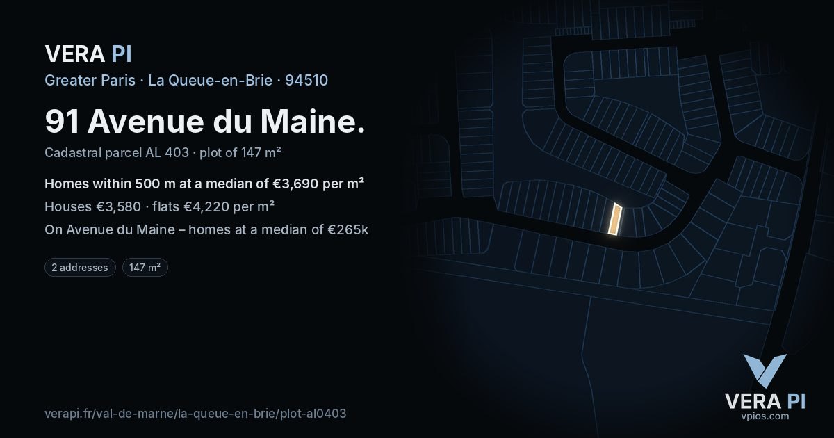 91 Avenue du Maine, La Queue-en-Brie at night – the plot lit, the parcels around coloured by the prices near them