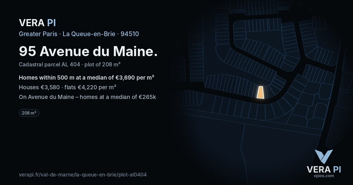 95 Avenue du Maine, La Queue-en-Brie at night – the plot lit, the parcels around coloured by the prices near them