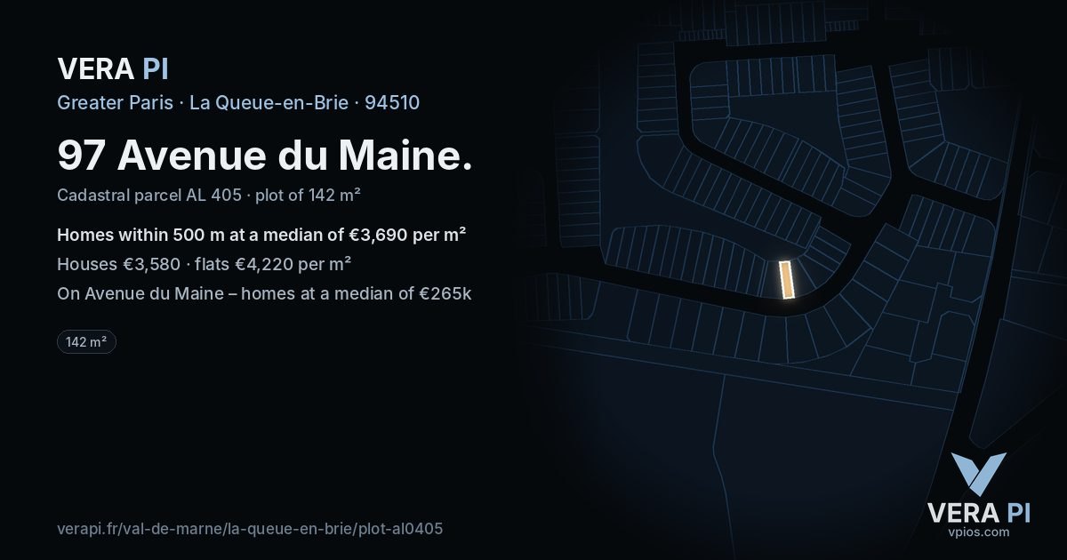 97 Avenue du Maine, La Queue-en-Brie at night – the plot lit, the parcels around coloured by the prices near them