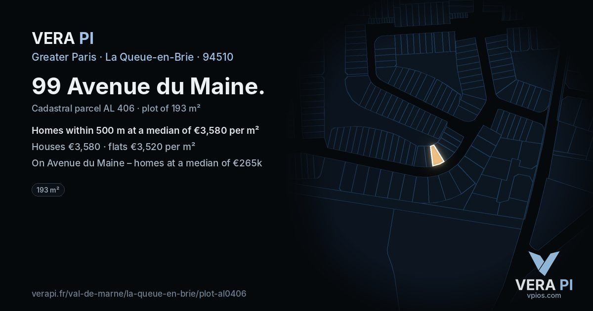 99 Avenue du Maine, La Queue-en-Brie at night – the plot lit, the parcels around coloured by the prices near them