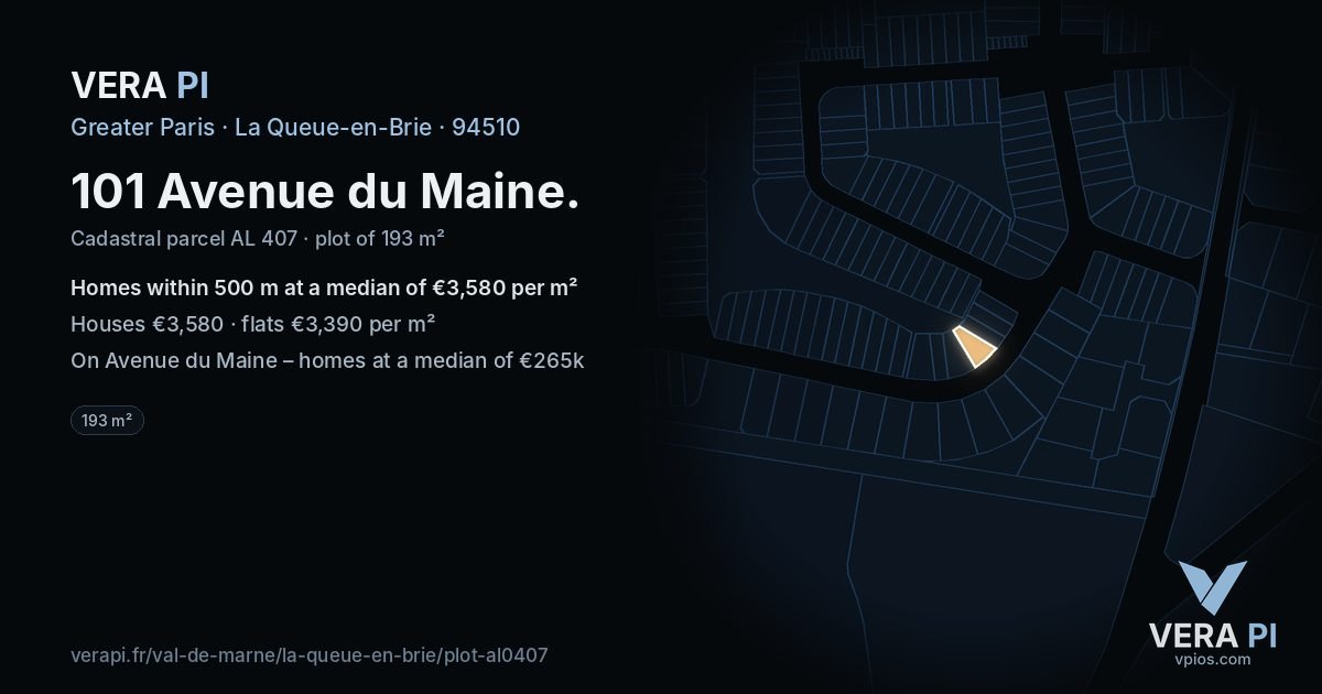 101 Avenue du Maine, La Queue-en-Brie at night – the plot lit, the parcels around coloured by the prices near them