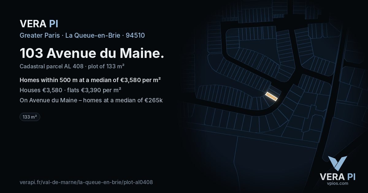 103 Avenue du Maine, La Queue-en-Brie at night – the plot lit, the parcels around coloured by the prices near them