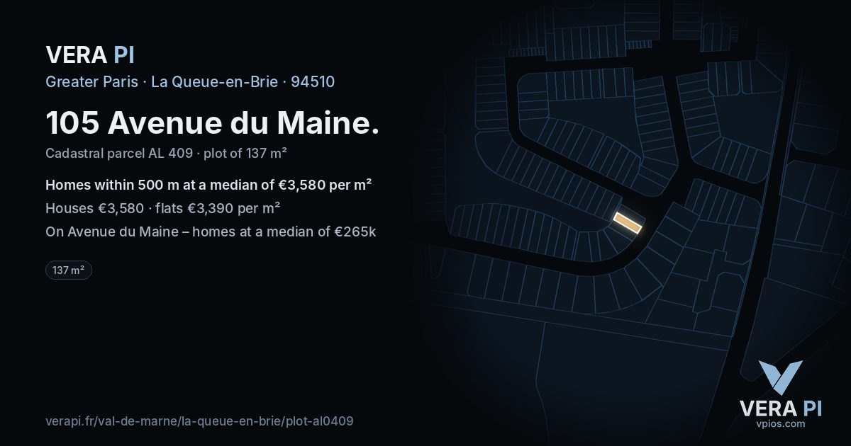 105 Avenue du Maine, La Queue-en-Brie at night – the plot lit, the parcels around coloured by the prices near them