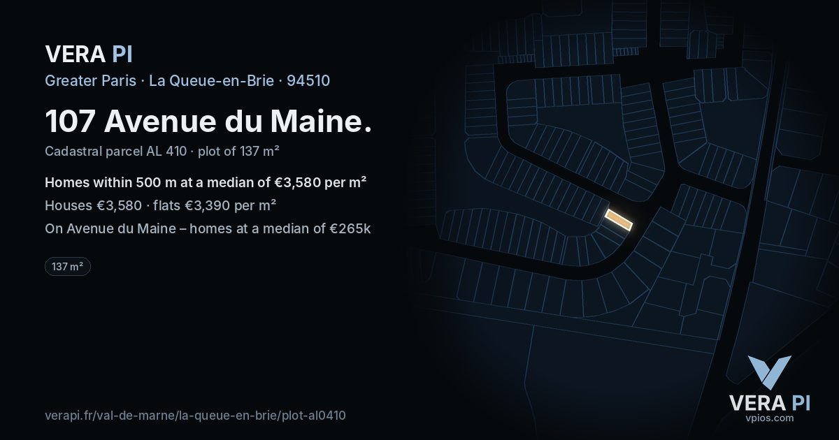107 Avenue du Maine, La Queue-en-Brie at night – the plot lit, the parcels around coloured by the prices near them