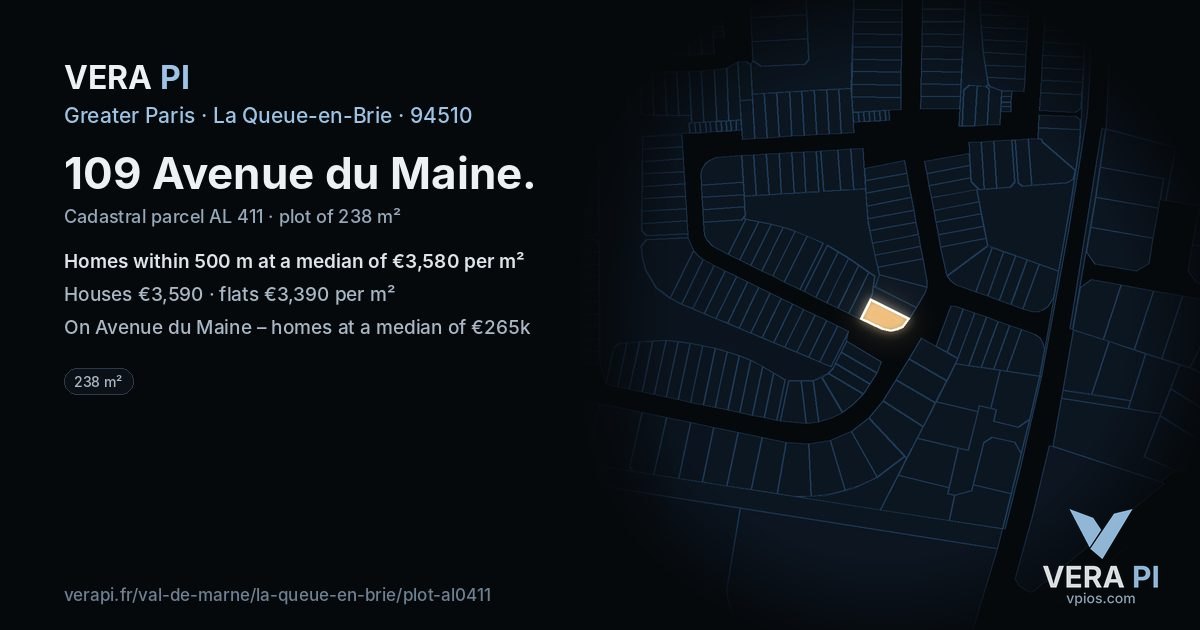 109 Avenue du Maine, La Queue-en-Brie at night – the plot lit, the parcels around coloured by the prices near them