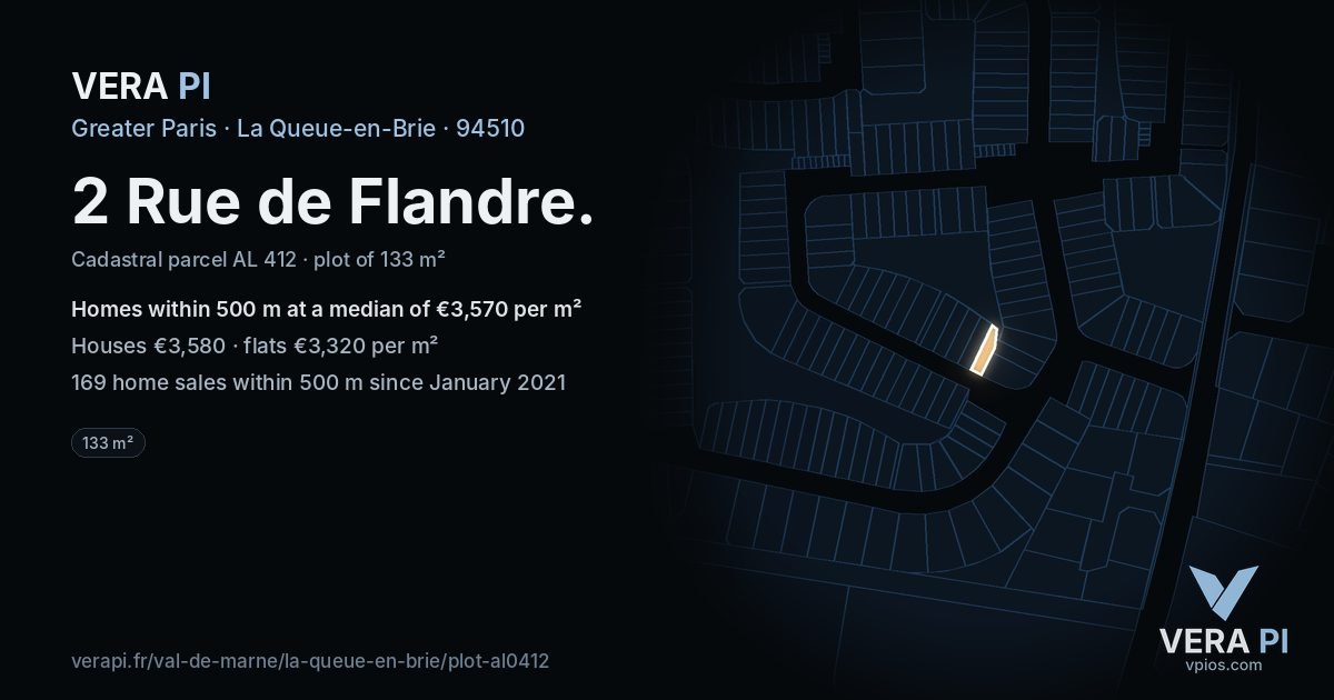 2 Rue de Flandre, La Queue-en-Brie at night – the plot lit, the parcels around coloured by the prices near them
