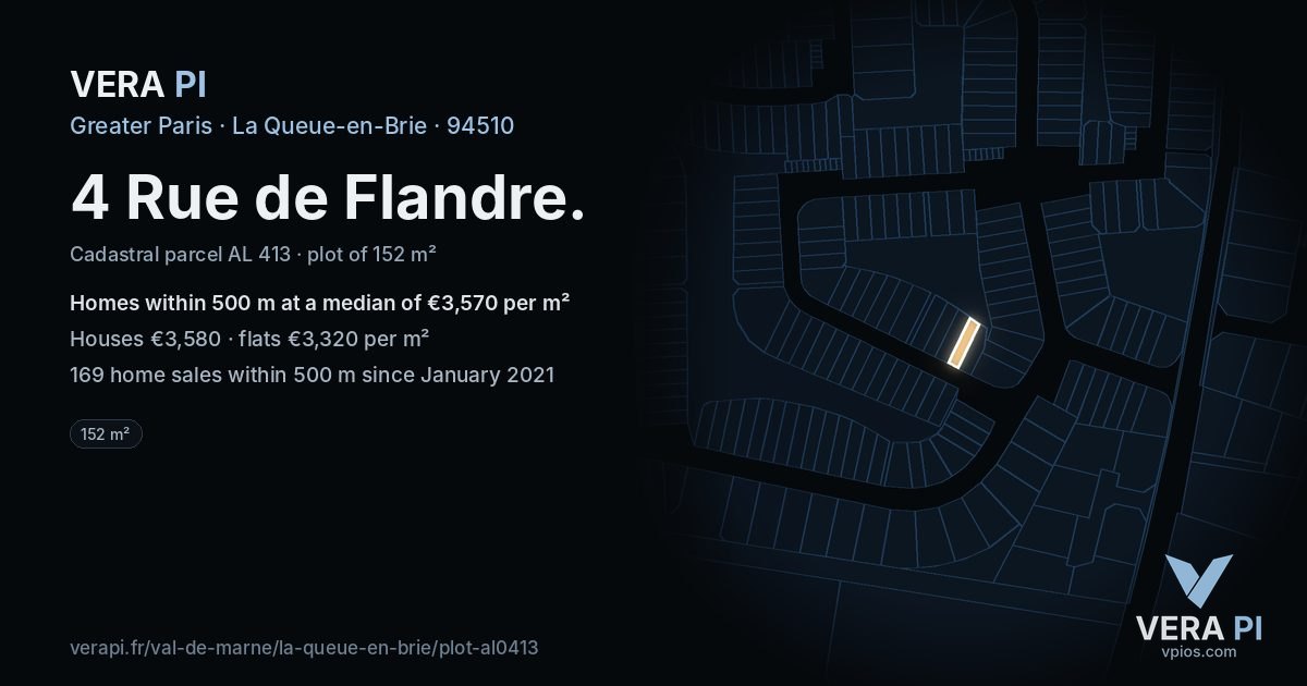 4 Rue de Flandre, La Queue-en-Brie at night – the plot lit, the parcels around coloured by the prices near them