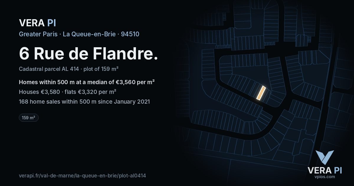 6 Rue de Flandre, La Queue-en-Brie at night – the plot lit, the parcels around coloured by the prices near them