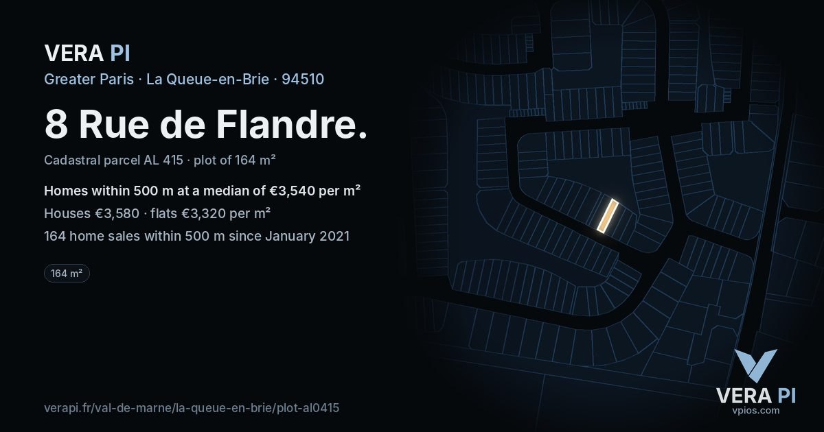 8 Rue de Flandre, La Queue-en-Brie at night – the plot lit, the parcels around coloured by the prices near them