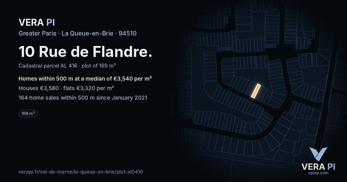 10 Rue de Flandre, La Queue-en-Brie at night – the plot lit, the parcels around coloured by the prices near them