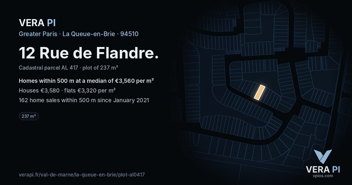 12 Rue de Flandre, La Queue-en-Brie at night – the plot lit, the parcels around coloured by the prices near them