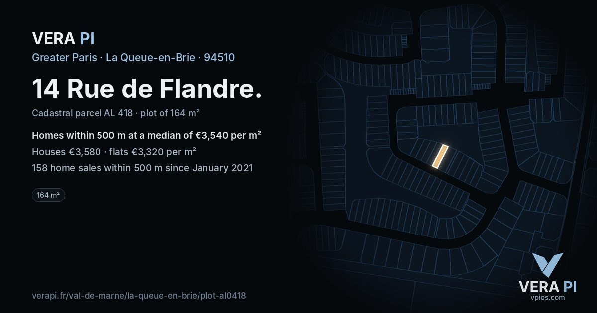 14 Rue de Flandre, La Queue-en-Brie at night – the plot lit, the parcels around coloured by the prices near them