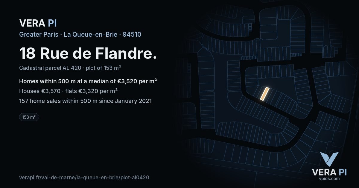 18 Rue de Flandre, La Queue-en-Brie at night – the plot lit, the parcels around coloured by the prices near them