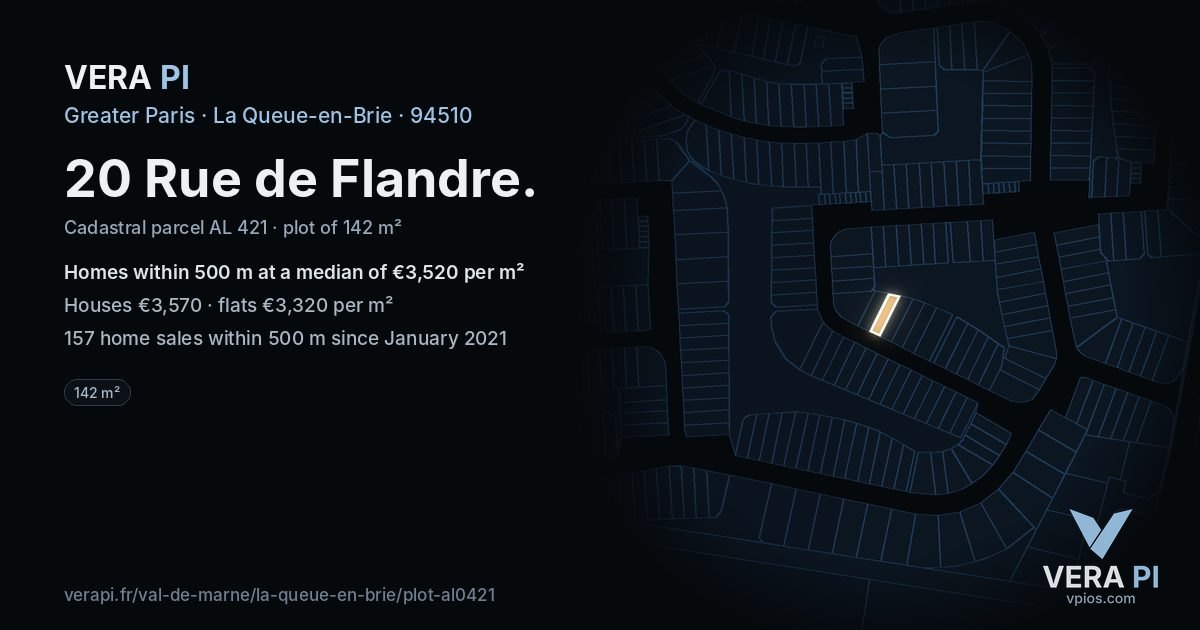 20 Rue de Flandre, La Queue-en-Brie at night – the plot lit, the parcels around coloured by the prices near them