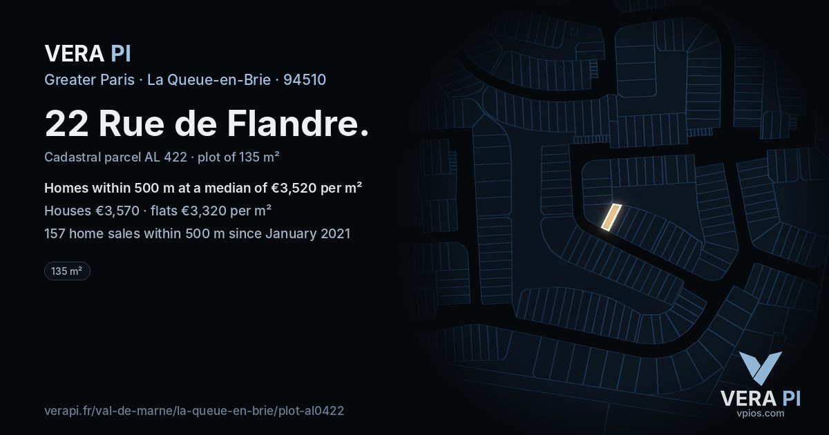 22 Rue de Flandre, La Queue-en-Brie at night – the plot lit, the parcels around coloured by the prices near them