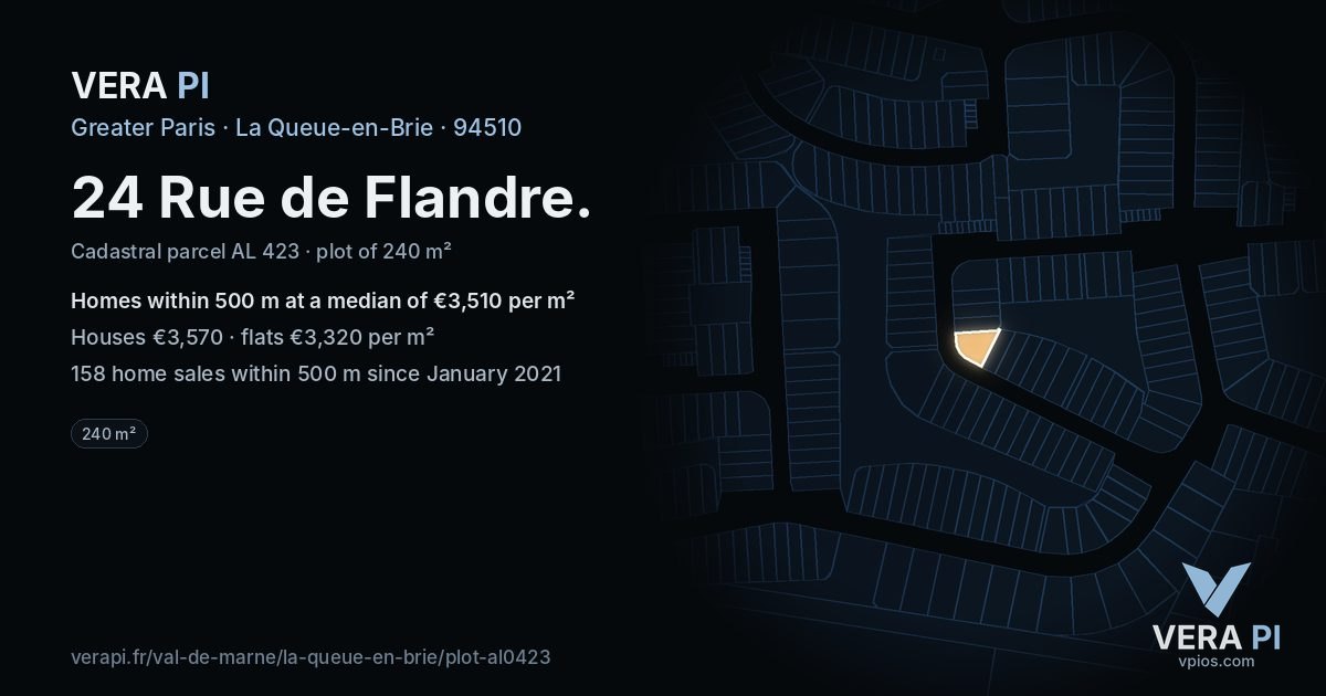 24 Rue de Flandre, La Queue-en-Brie at night – the plot lit, the parcels around coloured by the prices near them